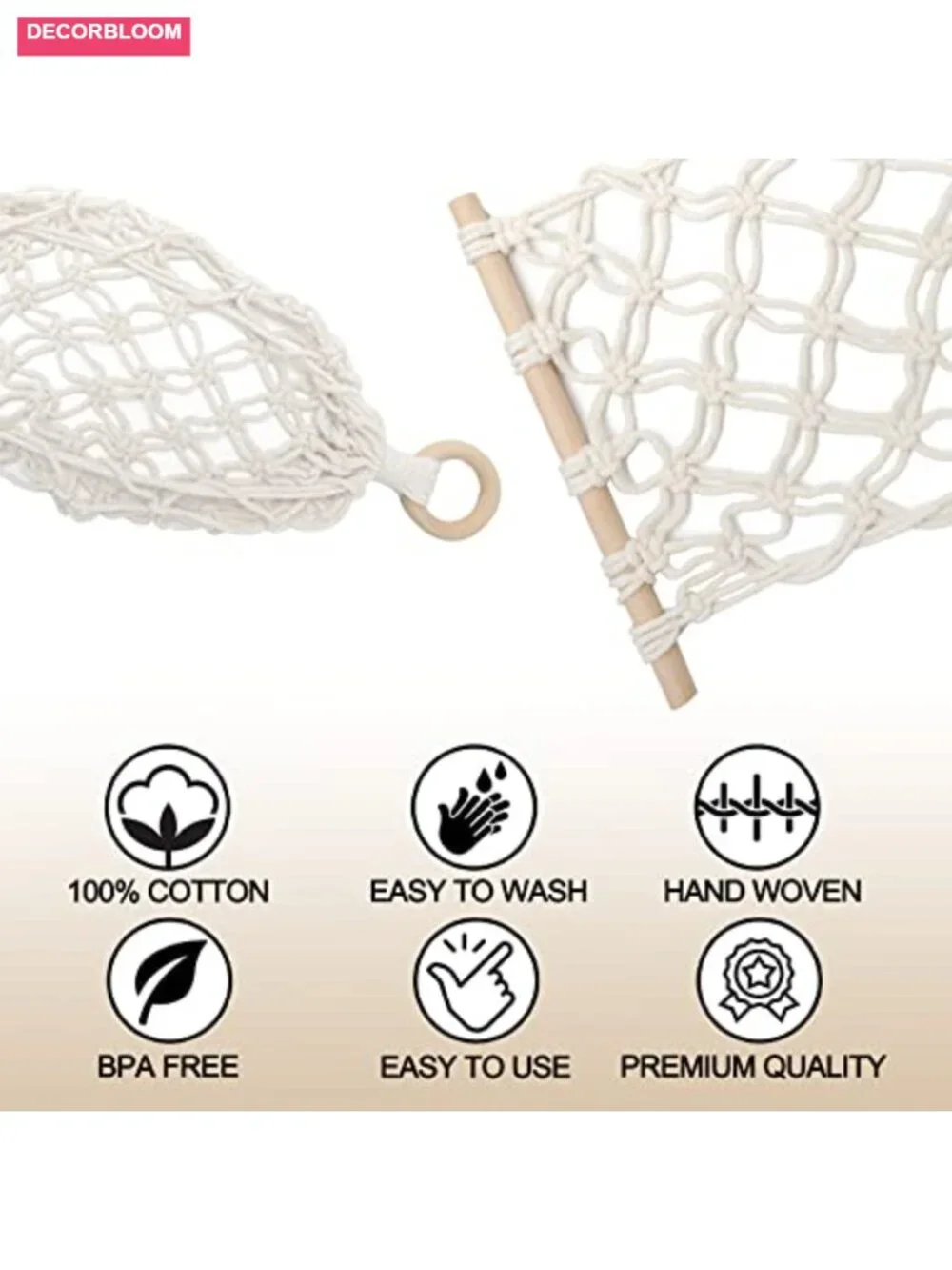 Hand-Woven Cotton Hanging Fruit Hammock with Hooks, Kitchen Storage Basket